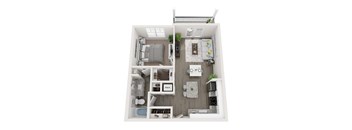 A top-down view of a small apartment with a kitchen, living room, and bathroom.