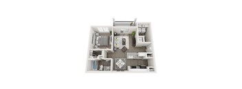 A white model of a house with a kitchen, living room, and bathroom.