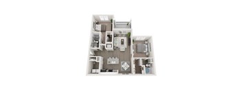 A 3D floor plan of a house with a kitchen, living room, and bathroom.