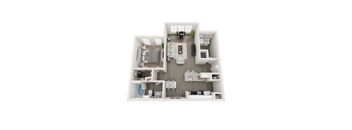 A white model of a house with a kitchen, living room, and two bedrooms.