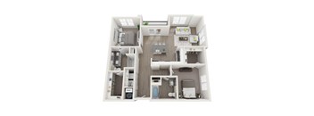A top-down view of a small apartment with a kitchen, living room, and bathroom.