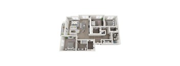 A 3D floor plan of a house with a kitchen, living room, and two bedrooms.