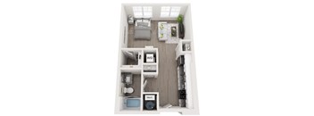 A top-down view of a small apartment with a kitchen, living room, and bathroom.