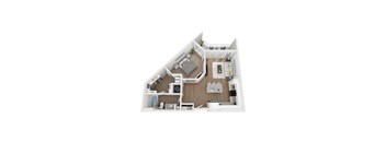 A 3D floor plan of a house with labeled rooms.
