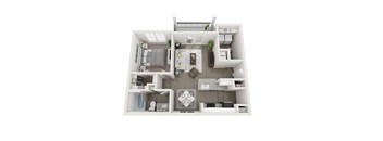 A top-down view of a modern apartment layout with a kitchen, living room, and bathroom.