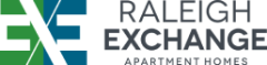 Raleigh Exchange Apartment Homes sign with blue and green design.