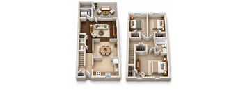 Two floor plans of a house with furniture and appliances.