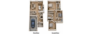 A diagram of a two-story house with labeled rooms.