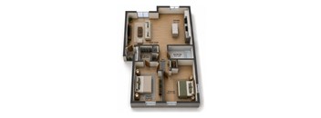 A 3D floor plan of a house with labeled rooms.