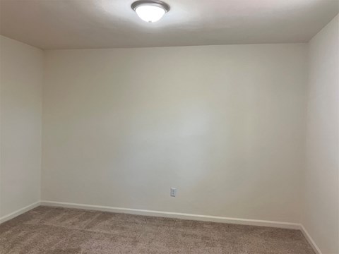 A room with a carpeted floor and a ceiling light.