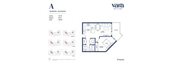 A floor plan for a one bedroom, one bathroom apartment.