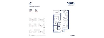 A floor plan for a Vara Heart of Surrey property showing a living room, dining room, kitchen, bathroom, and balcony.