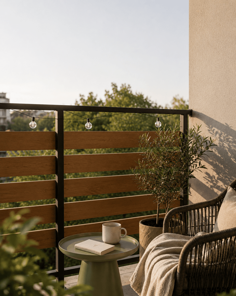 A small table with a book and a cup on it sits on a balcony.