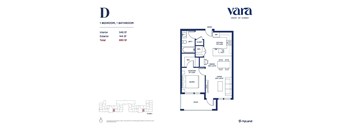 A floor plan for a property by VARA HEART OF SURREY shows a 1 bedroom, 1 bathroom apartment.