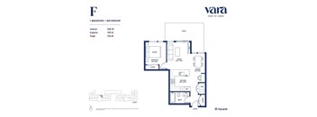 A floor plan for a one bedroom, one bathroom apartment.