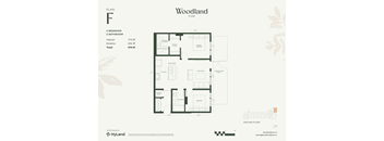 A floor plan for a Woodland Place by HyLand shows a 2 bedroom, 2 bathroom layout with a total area of 974 square feet.