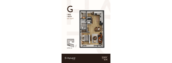 A floor plan of a one bedroom, one bathroom apartment that is 610 square feet.