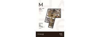 A floor plan for a one bedroom, one bathroom apartment at HyLand Living.