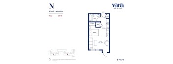 A floor plan for a 392 square foot studio with one bathroom.