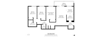 A black and white image of a floor plan for a home with a balcony, two bedrooms, a living room, a kitchen, a bathroom, a hall, a dining area, and a foyer.