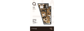 A floor plan of a HyLand Living apartment shows a 2 bedroom, 1 bathroom layout.