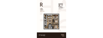 A floor plan of a 2 bedroom, 2 bathroom apartment sized at 1069 square feet.