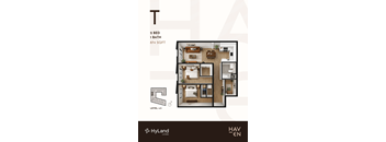 A floor plan of a 2 bedroom, 1 bathroom apartment that is 874 square feet and is on level 4-5.