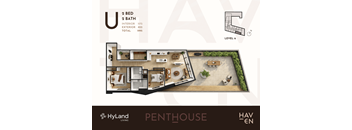 A floor plan of a penthouse apartment with a living room, kitchen, and bathroom.