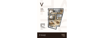 A floor plan for a 2 bedroom, 2 bathroom apartment sized at 888 square feet.