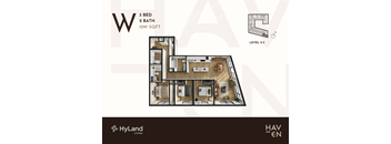 A floor plan for a 3 bedroom, 2 bathroom apartment at 1091 Sqft.