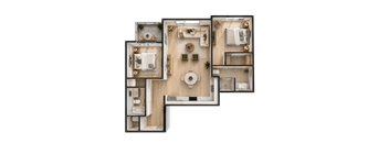 A detailed 3D floor plan of a house layout.