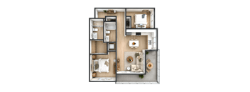 A top-down view of a modern apartment layout with a living room, kitchen, and two bedrooms.