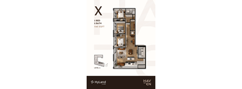 A floor plan of a HyLand Living apartment with 3 beds and 2 baths sized at 1140 sqft