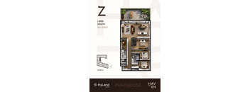 A floor plan of a penthouse apartment with 3 bedrooms and 2 bathrooms.