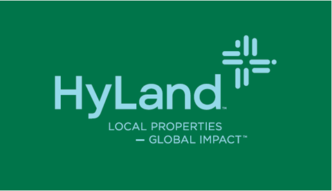 A green banner with the text "HyLand" and a logo, followed by the phrases "LOCAL PROPERTIES" and "GLOBAL IMPACT".