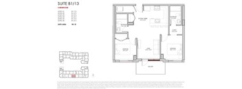 A floor plan for a suite with a 2 bedroom and 2 bathrooms.