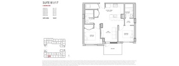 A floor plan for a suite labeled B1/17, which includes a 2 bedroom, 2 bathroom layout with a total area of 740 square feet.