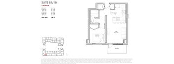 A floor plan for a suite with a bedroom, bathroom, living room, and kitchen.