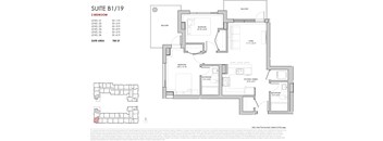 A floor plan for a suite with various rooms and their dimensions.