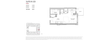 A floor plan for a suite with a bathroom, closet, and living room.