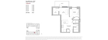 A floor plan for a suite with a bedroom, living room, and kitchen.