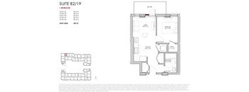 A floor plan for a suite with a bedroom, living room, and kitchen.
