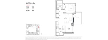 A floor plan for a suite with a 1 bedroom and 599 square feet.