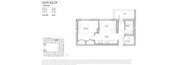 A floor plan for a suite with a bedroom, living room, and kitchen.