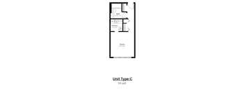A drawing of a floor plan for a 319 sq.ft. apartment with a bath, kitchen, and studio space.