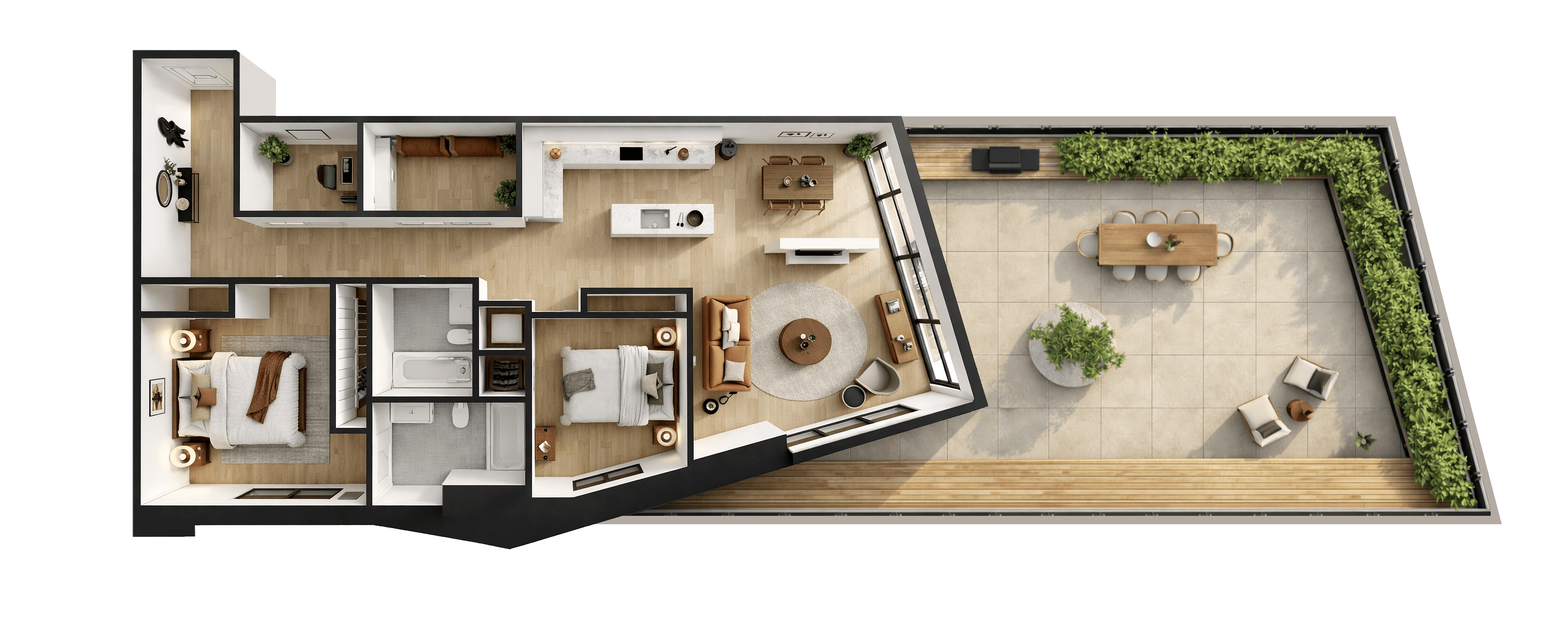 A top-down view of a house layout with a kitchen, living room, and garden area.