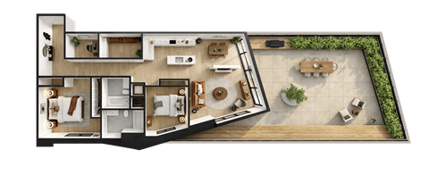 A top-down view of a house layout with a kitchen, living room, and garden area.