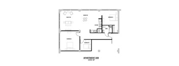 Apartment 508 is a 1355 square foot space with three bedrooms, a family room, a dining room, and a kitchen.