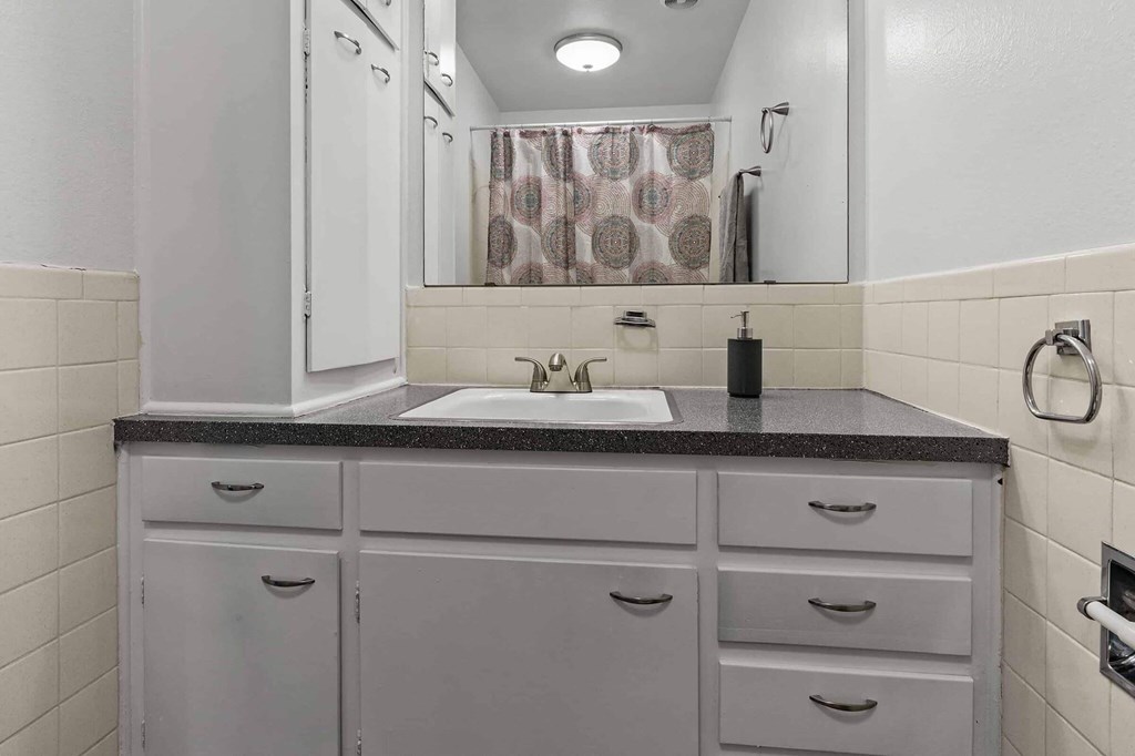 A bathroom with a sink, mirror, and cabinets.
