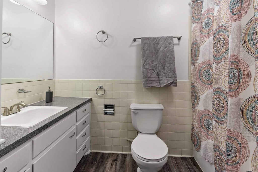 A bathroom with a toilet, sink, and shower curtain.